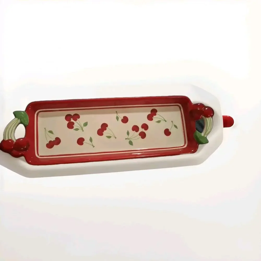 LARGE SONOMA CHERRIES JUBILEE Long Ceramic Cracker Tray 15